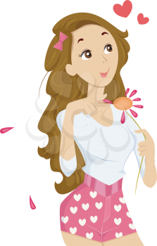 Illustration of a Teenage Girl Plucking Petals Off a Daisy