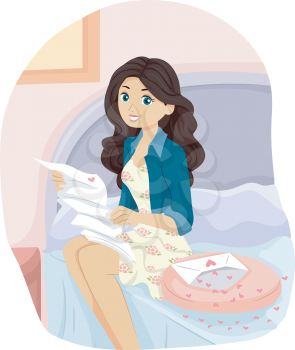 Illustration of a Teenage Girl Reading a Love Letter in Her Room