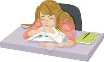 Illustration of a Teenage Girl Who Have Fallen Asleep After Studying