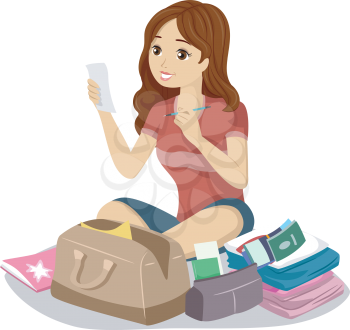 Illustration of a Teenage Girl Reading Her Travel Checklist