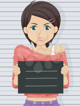 Illustration of an Angry Teenage Girl Posing for Her Mug Shot