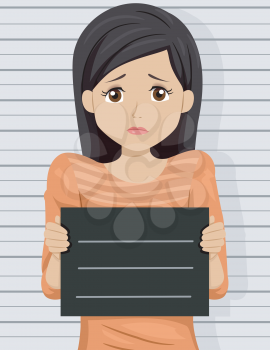 Illustration of a Scared Teenage Girl Posing for a Mug Shot