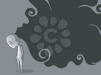 Illustration of a Depressed Man Leaving Behind a Trail of Dark Thoughts