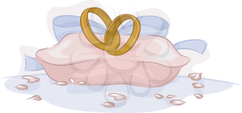 Illustration of a Pair of Wedding Rings Sitting on a Pink Cushion