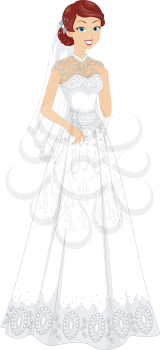 Illustration of a Lovely Bride Wearing a Lacy Bridal Gown