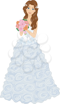 Illustration of a Gown in a Frilly Dress Holding a Bouquet