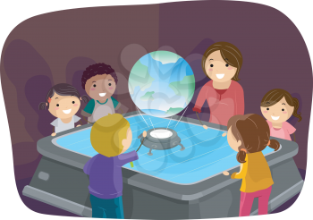 Stickman Illustration of Kids Using a Hologram in Class