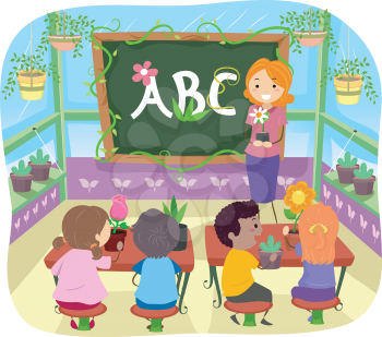 Illustration of Kids Learning About Plants