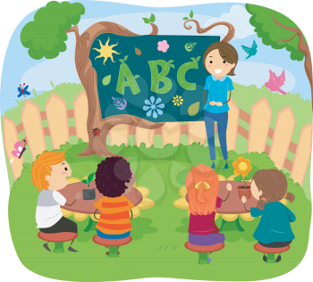 Stickman Illustration of Kids Having Their Class in the Garden