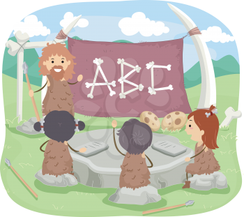 Stickman Illustration of a Caveman Teaching the Alphabet to Little Kids
