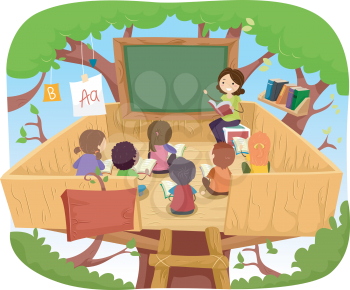 Stickman Illustration of Kids Having Their Class on a Tree House