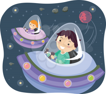 Stickman Illustration of Kids Driving Spacecrafts