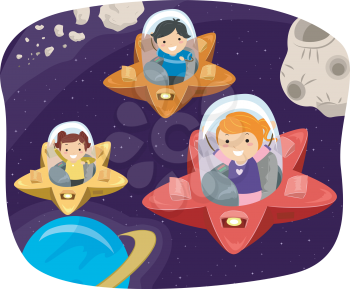 Stickman Illustration of Kids Driving Spaceships