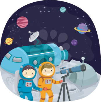 Stickman Illustration of Kids Using a Telescope to Observe Planets