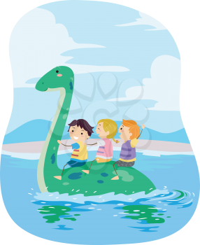 Stickman Illustration of Kids Riding a Plesiosaur