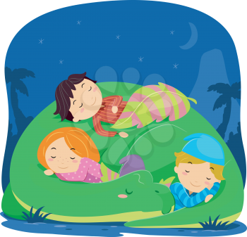 Stickman Illustration of Kids Sleeping on a Dinosaur