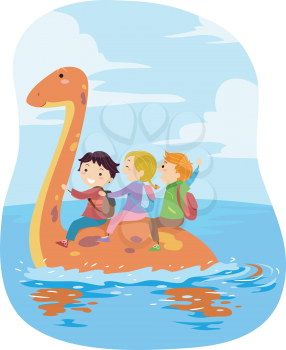 Stickman Illustration of Kids Riding an Orange Dinosaur