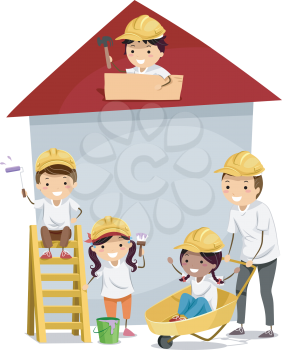 Stickman Illustration of Kids Building a Small House