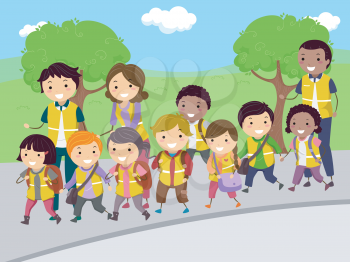 Stickman Illustration of Volunteer Parents Taking Kids on a Walking Bus Trip