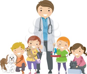 Stickman Illustration of Kids Crowding a Smiling Veterinarian