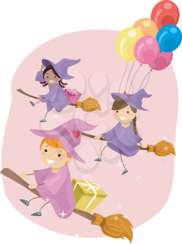 Stickman Illustration of Young Witches Riding Broomsticks
