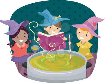 Stickman Illustration of Little Girls Pretending to be Witches