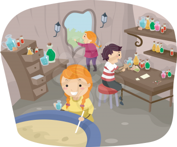 Stickman Illustration of Kids Experimenting with Potions