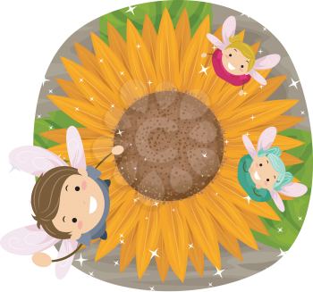Stickman Illustration of Little Fairies Playing with a Sunflower