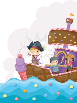 Stickman Illustration of Kids in a Candy Covered Pirate Ship