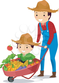 Stickman Illustration of Father and Son with Wheelbarrow Full of Harvest