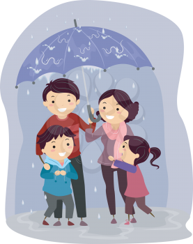 Stickman Illustration of a Family Sharing an Umbrella