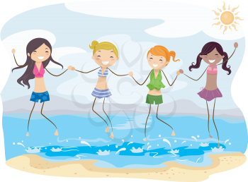 Stickman Illustration of Teenage Girls Having Fun at the Beach