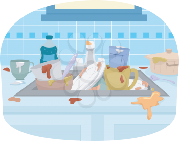 Illustration Featuring a Sink Full of Dirty Dishes