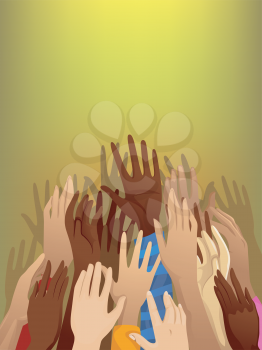 Illustration of a Crowd of Refugees with Their Arms Raised