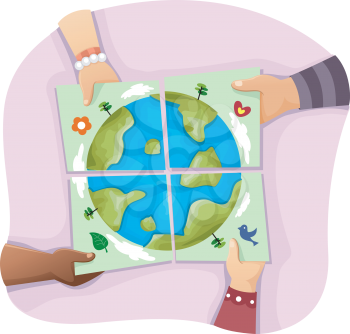 Illustration of Kids Solving an Earth Related Jigsaw Puzzle