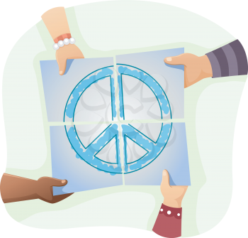 Illustration of Kids Solving a Jigsaw Puzzle with the Peace Sign Printed on It