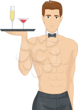 Illustration of a Muscular Waiter Serving Drinks at a Bachelorette Party