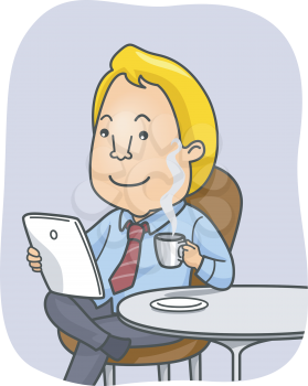 Illustration of a Man Reading the News on His Tablet While Drinking Coffee
