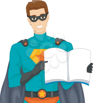 Illustration of a Man Dressed as a Superhero Reading a Story