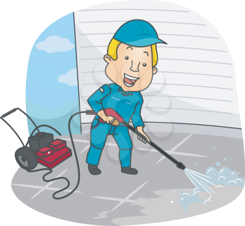 Illustration of a Man Cleaning the Floor Using a Pressure Washer