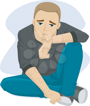 Illustration of a Teenage Boy with Scars from Self Inflicted Wounds