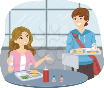 Illustration of a Teenage Couple Sharing a Cafeteria Table
