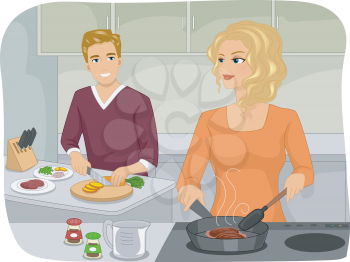 Illustration of a Couple Preparing a Meal Together