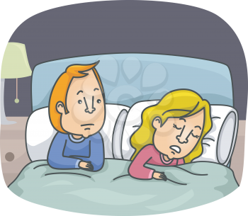 Illustration of a Sexually Frustrated Husband Looking at His Sleeping Wife
