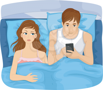 Illustration of an Irritated Wife Watching as Her Husband Fiddle with His Phone