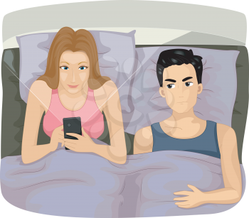 Illustration of an Irritated Husband Watching His Wife Fiddle with Her Phone