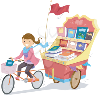 Illustration of a Teenage Girl Driving a Cart Full of Books