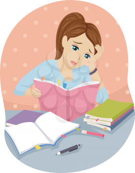 Illustration of a Teenage Girl Studying Hard