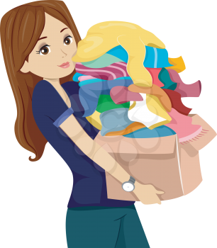 Illustration of a Teenage Girl Carrying a Donation Box Full of Clothes