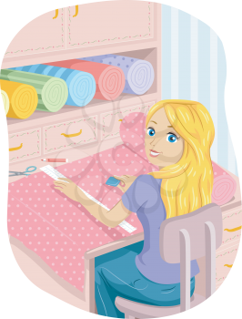 Illustration of a Teenage Girl Cutting Strips of Cloth